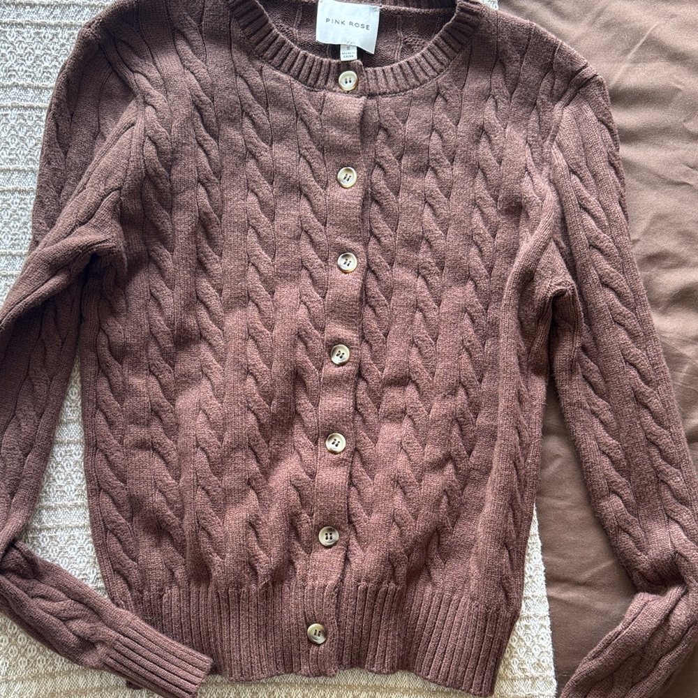Pink Rose Women's Chocolate Cable Knit Cardigan - Picture 3 of 7
